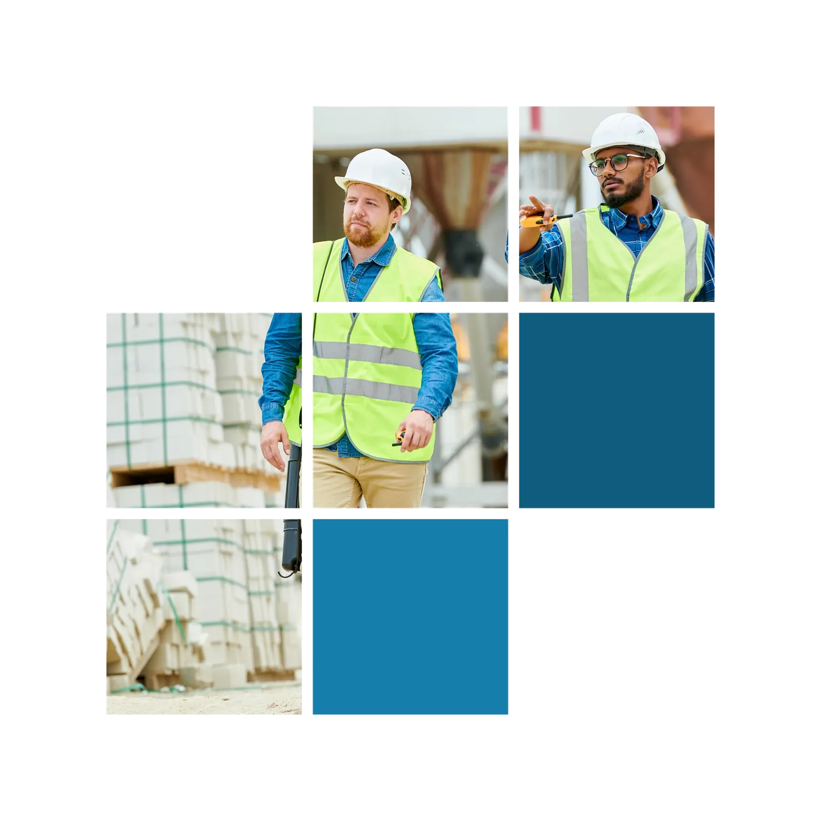Two men in hard hats and high vis vests on a construction site